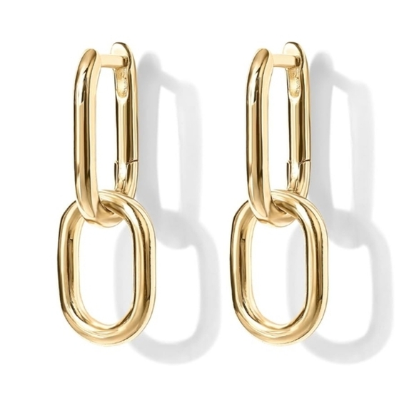 14K Gold Plated Huggie Chain Link Drop Dangle Hoop Earrings - Picture 2 of 5